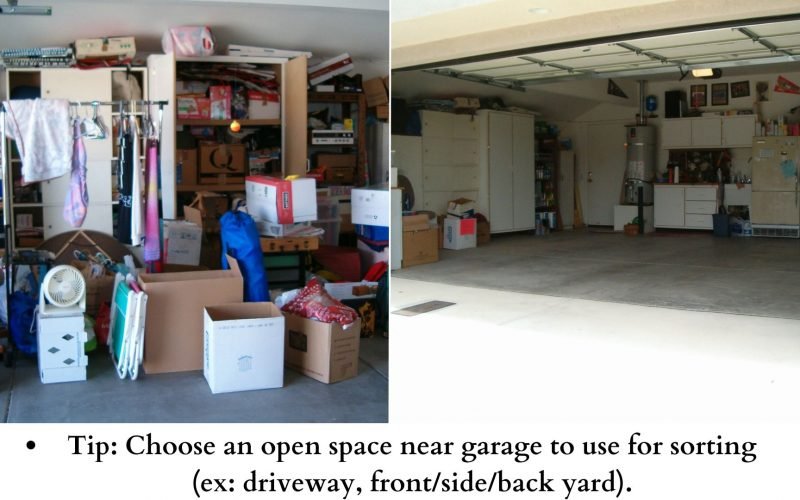 Before and After photos of a messy and organized garage.