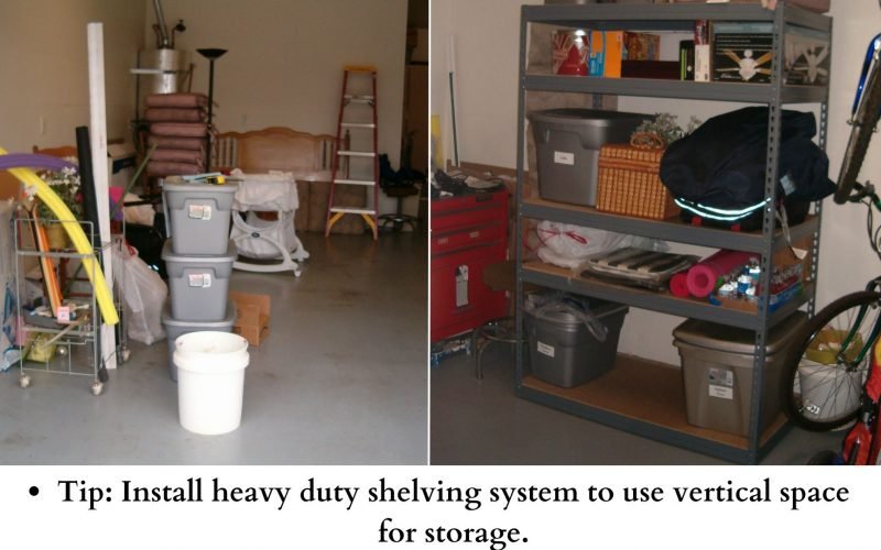 Before and After photos of a messy and organized garage.