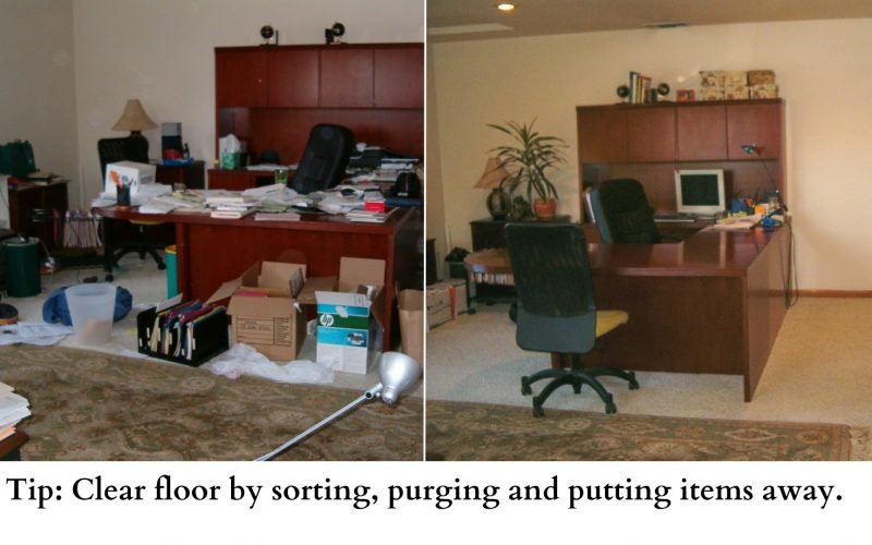 Before and After photos of a cluttered and organized office desk.