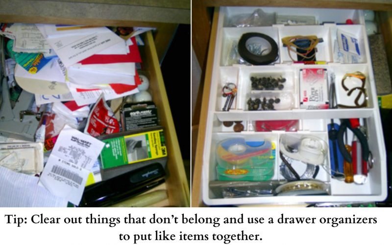 Before and After photos of a cluttered and organized drawer.