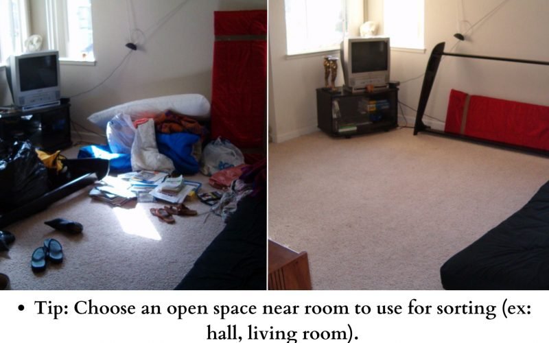 Before and After photos of a cluttered and organized bedroom.