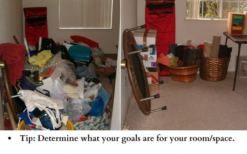 Before and After photos of a cluttered and organized storage room.