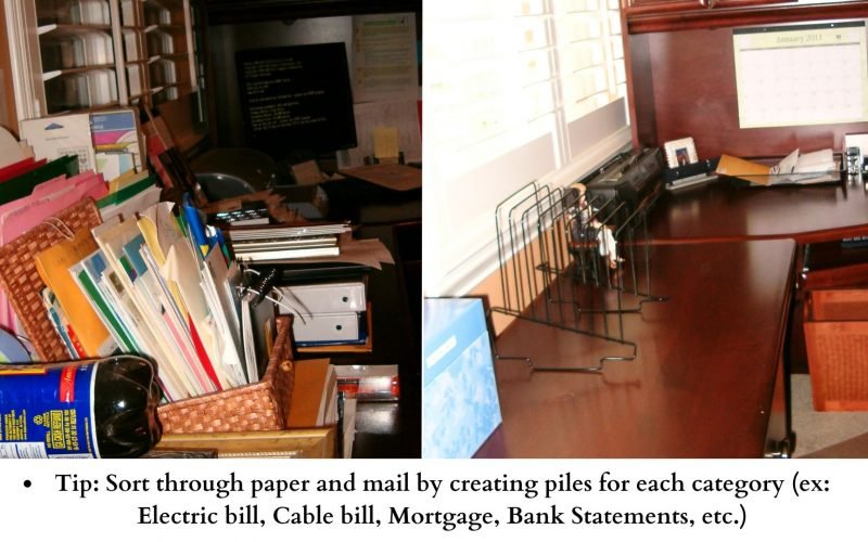 Before and After photos of a cluttered and organized office desk.