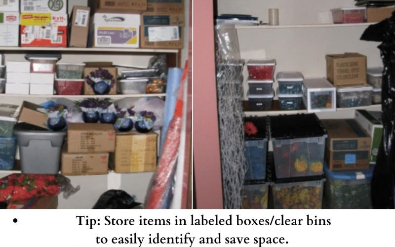 Before and After photos of a cluttered and organized church storage room.