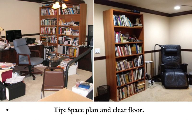 Before and After photos of a cluttered and organized office space and bookshelf.