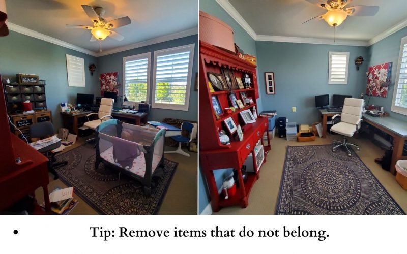 Before and After photos of a cluttered and organized office.